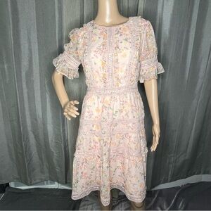 Rachel Parcell Mix Lace Fit Flare Mauve Pink Flutter Sleeve Midi Dress Small